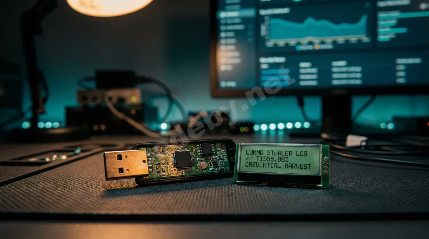 Разобранная USB-флешка с обнажённой платой лежит на антистатическом коврике. Рядом светится экран терминала с зелёными строками лога, в размытом фоне — панель SIEM с оповещениями.