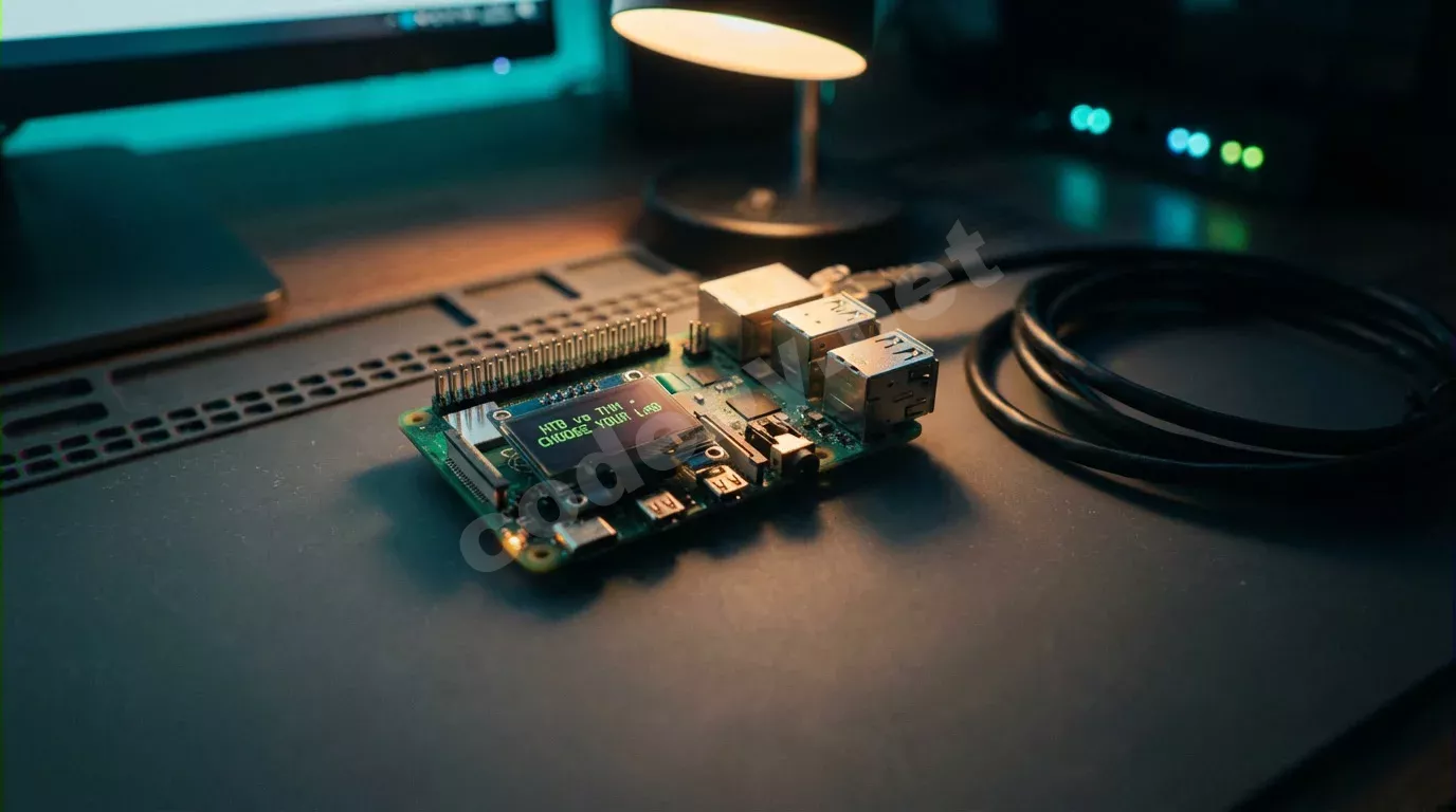 Одноплатный компьютер с открытыми контактами GPIO на тёмном антистатическом коврике. Крошечный OLED-экран светится зелёным, рядом свёрнутый кабель уходит в тень.