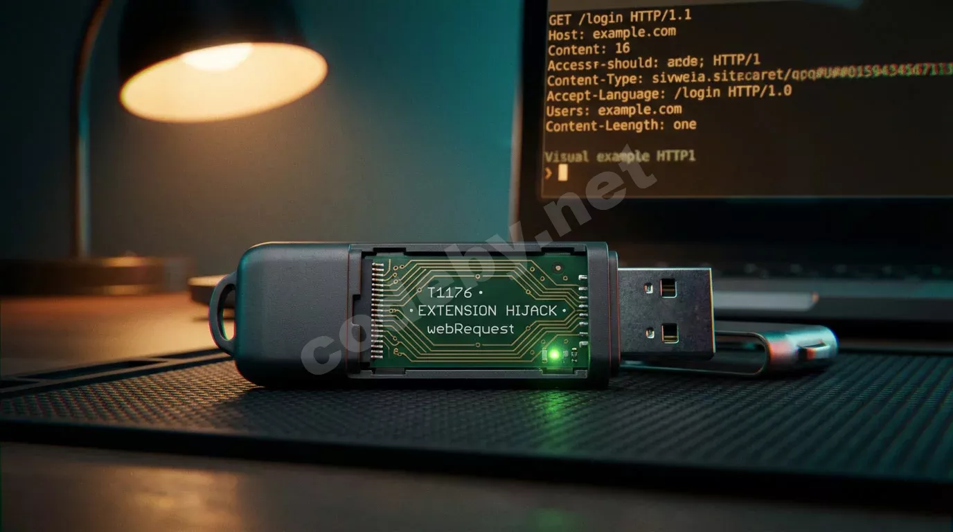 Вскрытый USB-накопитель на тёмном антистатическом коврике с видимой платой и светящимся зелёным светодиодом. На заднем плане ноутбук с янтарными строками HTTP-заголовков в терминале.