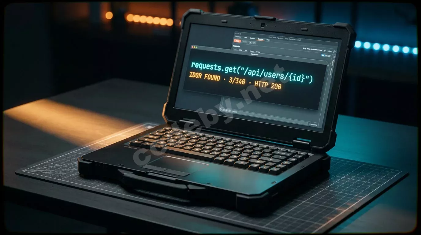 Ноутбук на тёмном антистатическом коврике, экран светится терминалом Python с кодом requests.get и подсвеченным янтарным цветом результатом IDOR. Клавиатуру освещает резкий боковой свет, вокруг — г...