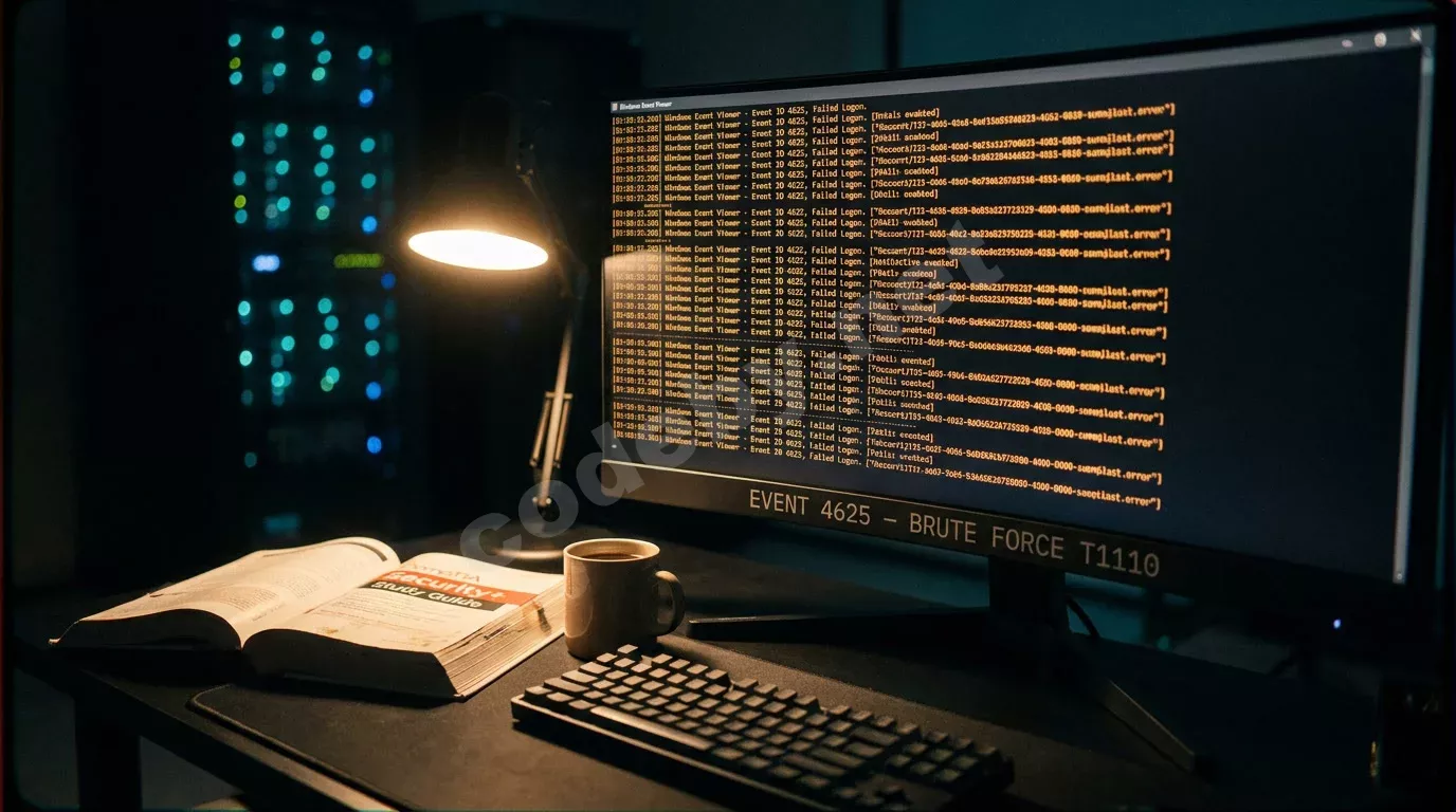 Ночной зал SOC: монитор с журналом событий Windows и строками ошибок входа, рядом учебник по кибербезопасности и кружка кофе. Тёплый свет лампы, тёмная атмосфера.
