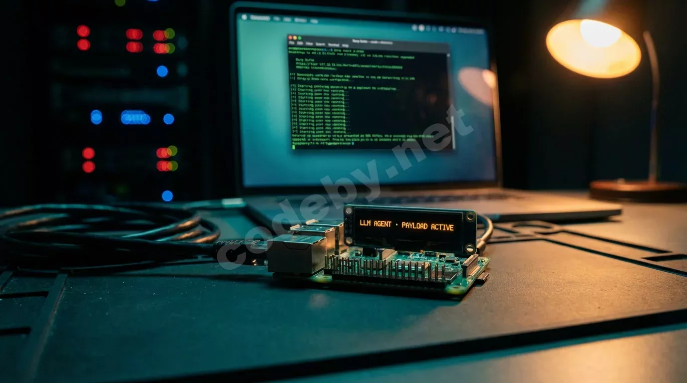 Одноплатный компьютер с открытыми контактами GPIO на матовом антистатическом коврике, экран отображает текст янтарным моноширинным шрифтом. Позади — ноутбук с терминалом Burp Suite в мягком расфоку...