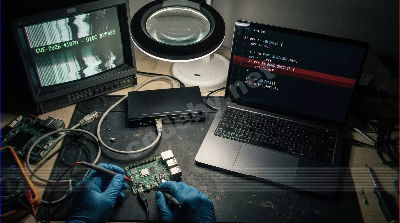 Криминалистический стол сверху: Raspberry Pi, ноутбук с подсвеченной строкой кода, монитор с глитч-текстом об обходе OIDC. Синяя нитриловая перчатка касается щупом GPIO-разъёма.