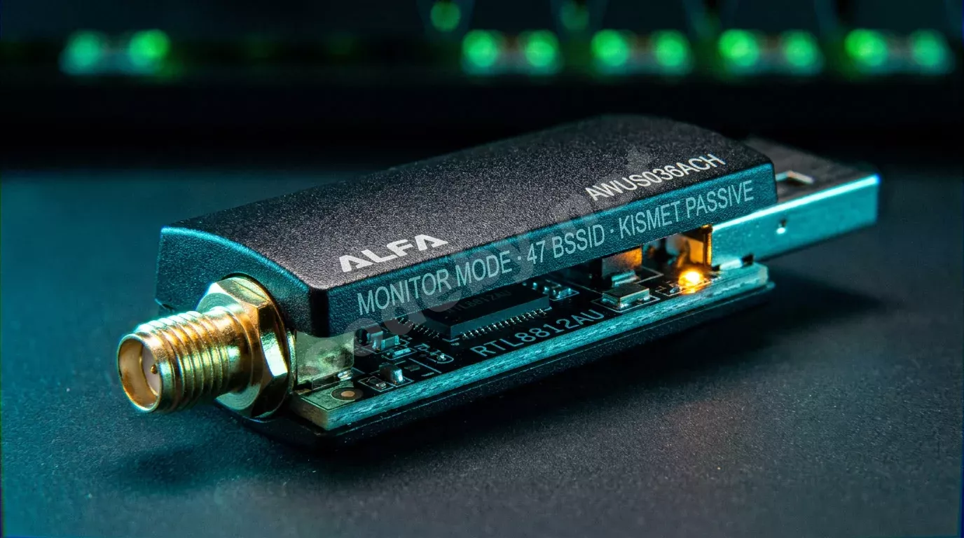 Крупный план USB-адаптера Wi-Fi на тёмном антистатическом коврике. Корпус устройства освещён жёстким голубым боковым светом, в глубине фона мерцают зелёные огни оборудования.