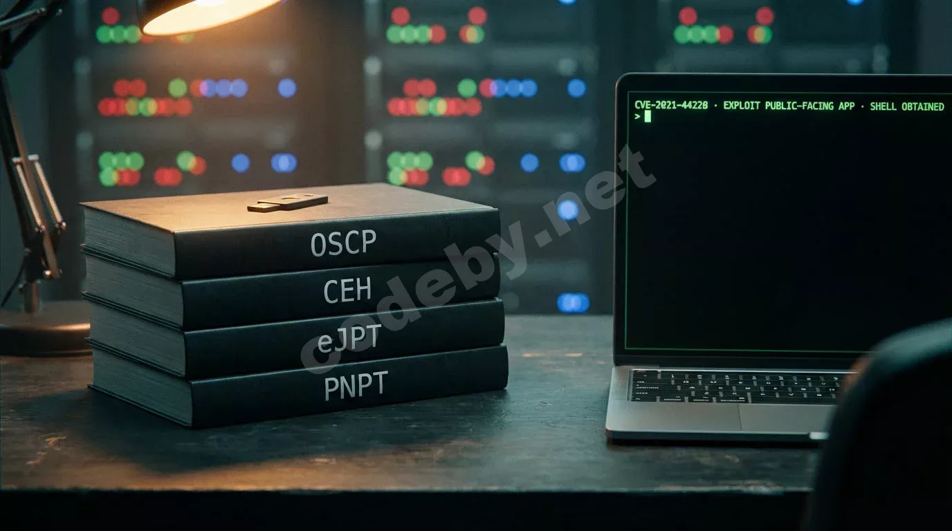 Сертификация по пентесту — рабочий стол пентестера с сертификатами OSCP, CEH, eJPT и терминалом Kali Linux