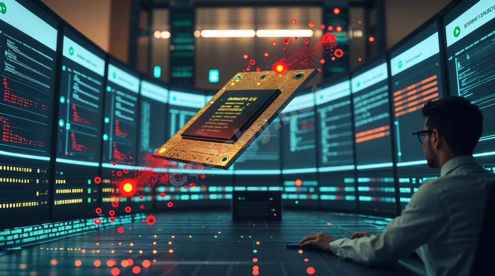 Фотореалистичная визуализация UEFI firmware атаки Shade BIOS в центре кибербезопасности с голографическим отображением эксплуатации Ring -2