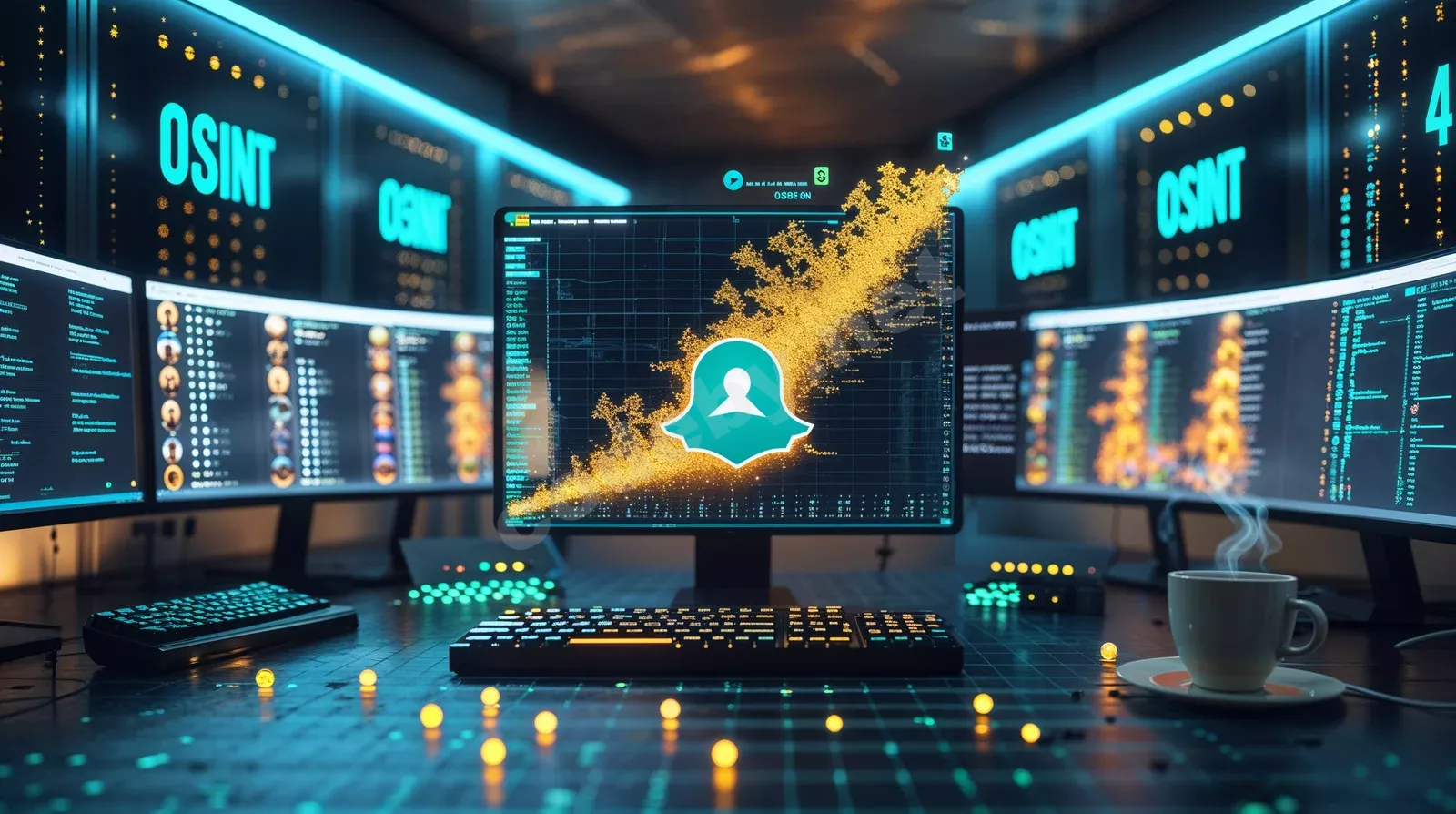 OSINT командный центр с голографическими дисплеями Sherlock Bot и потоками данных из социальных сетей