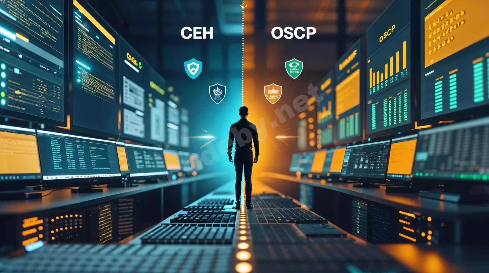 Фотореалистичный центр кибербезопасности с голографическими дисплеями для анализа кода и сетевых диаграмм CEH OSCP