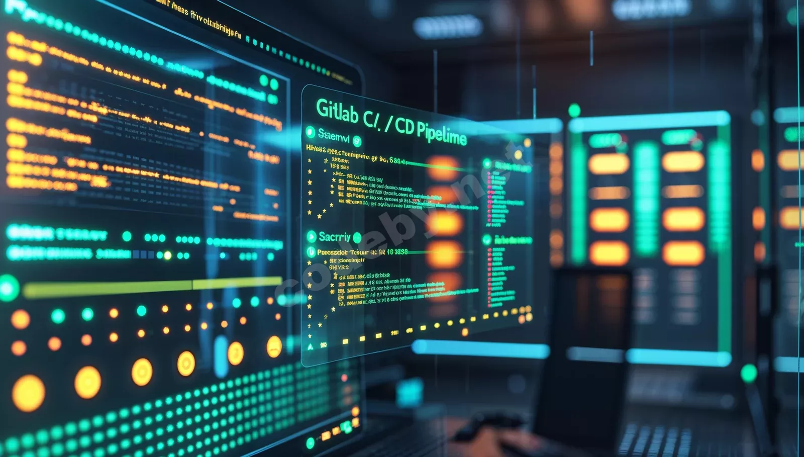 Фотореалистичный центр управления кибербезопасностью с голографической визуализацией GitLab CI/CD pipeline и мониторами SAST-сканирования