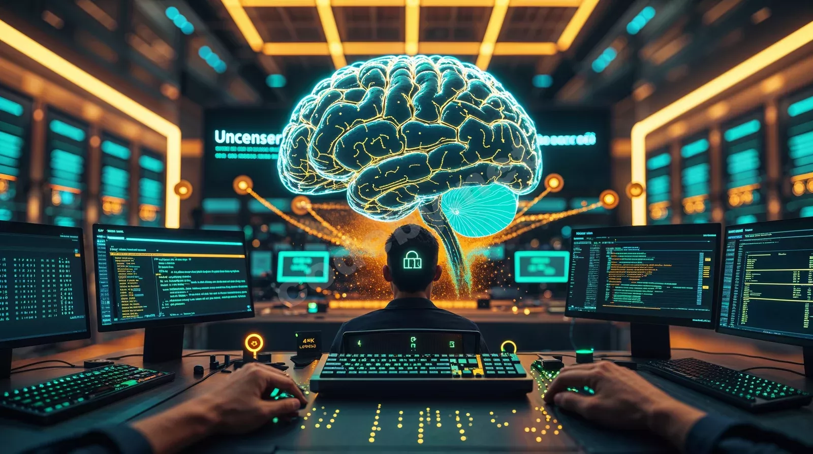 Фотореалистичная визуализация центра управления с голографической нейросетью ИИ без ограничений и потоками данных