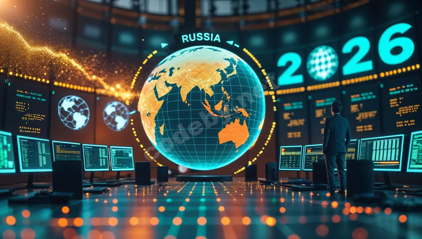 Фотореалистичный центр киберзащиты 2026 с голографическими экранами ransomware-атак и изоляции threat intelligence России