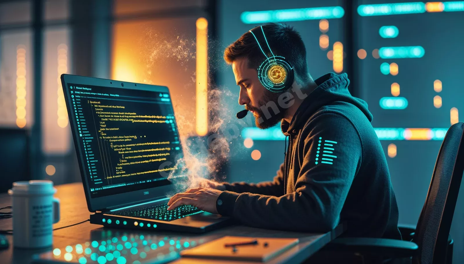 Специалист по кибербезопасности программирует на Python в современном SOC-центре с визуализацией сетевых угроз