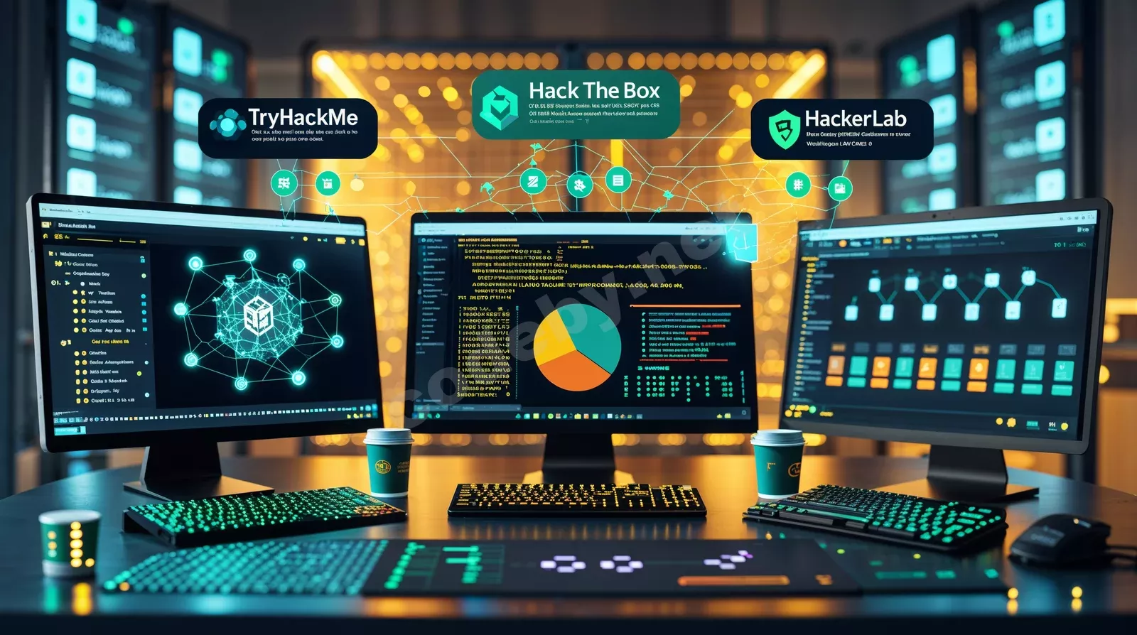 Обложка статьи сравнения образовательных платформ кибербезопасности TryHackMe Hack The Box и HackerLab с интерфейсами для изучения ИТ-безопасности