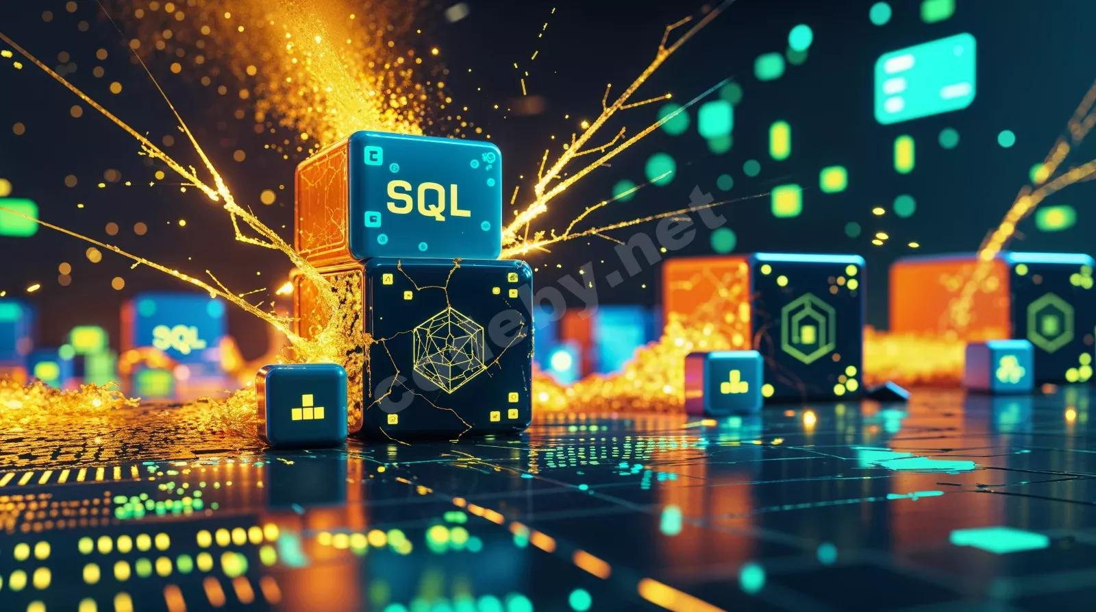 Киберпанк визуализация SQL-инъекции против AI WAF - голографические щиты и потоки данных