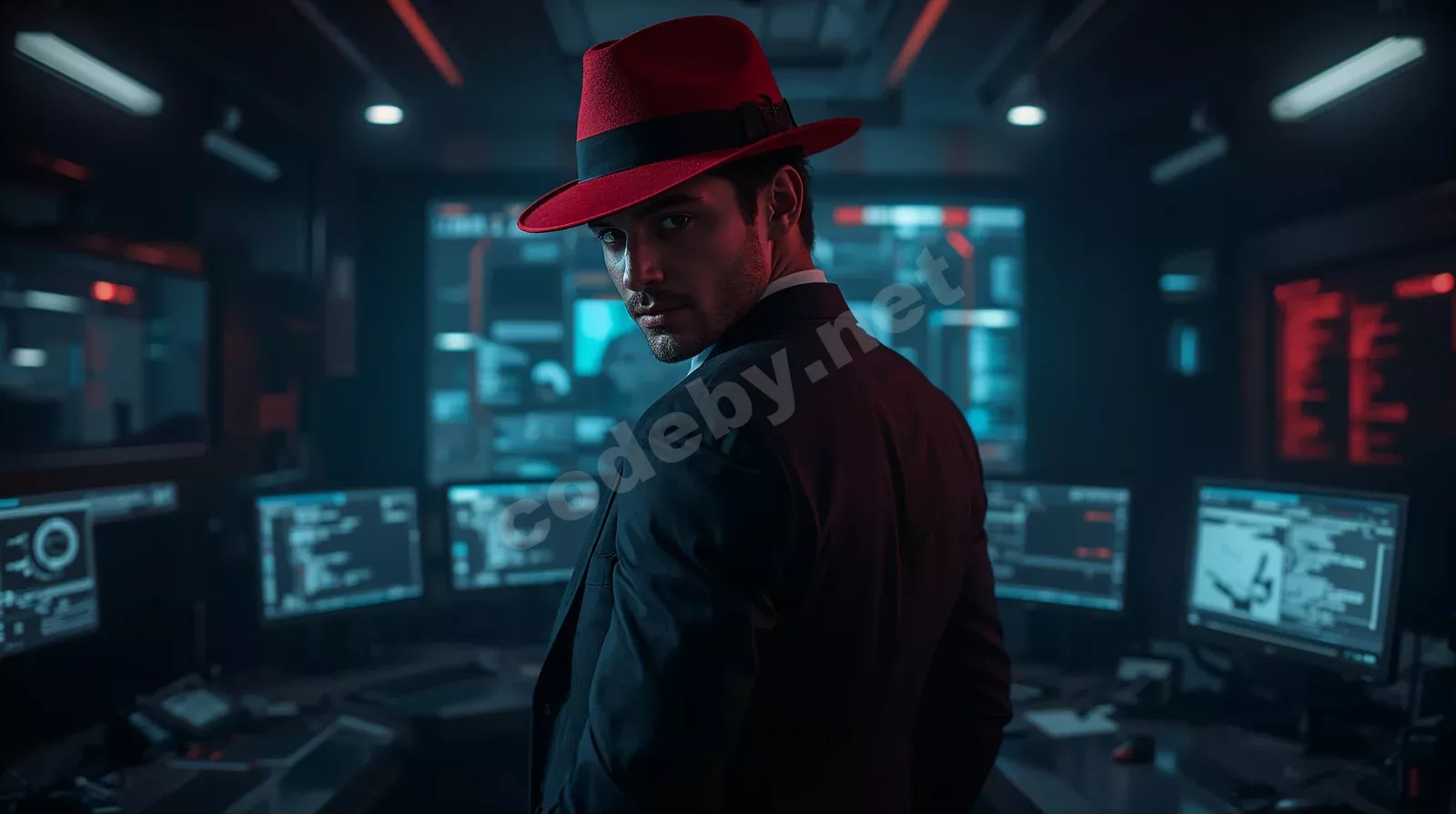 Red Team специалист в деловом костюме и красной шляпе планирует adversary emulation операцию в современном офисе кибербезопасности