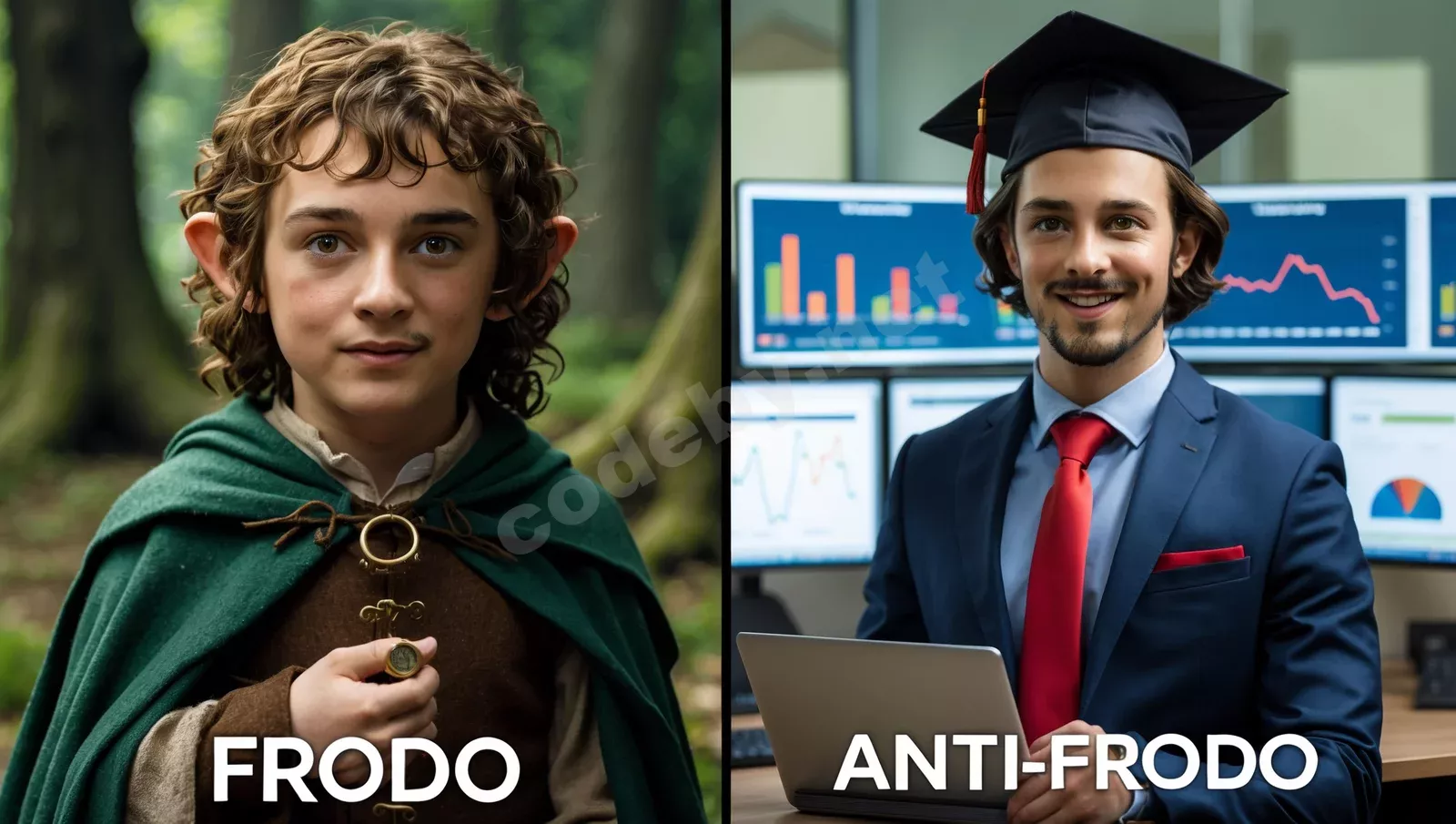 Юмористический коллаж Фродо и Анти-фродо - сравнение персонажа властелина колец с антифрод-аналитиком в деловом костюме