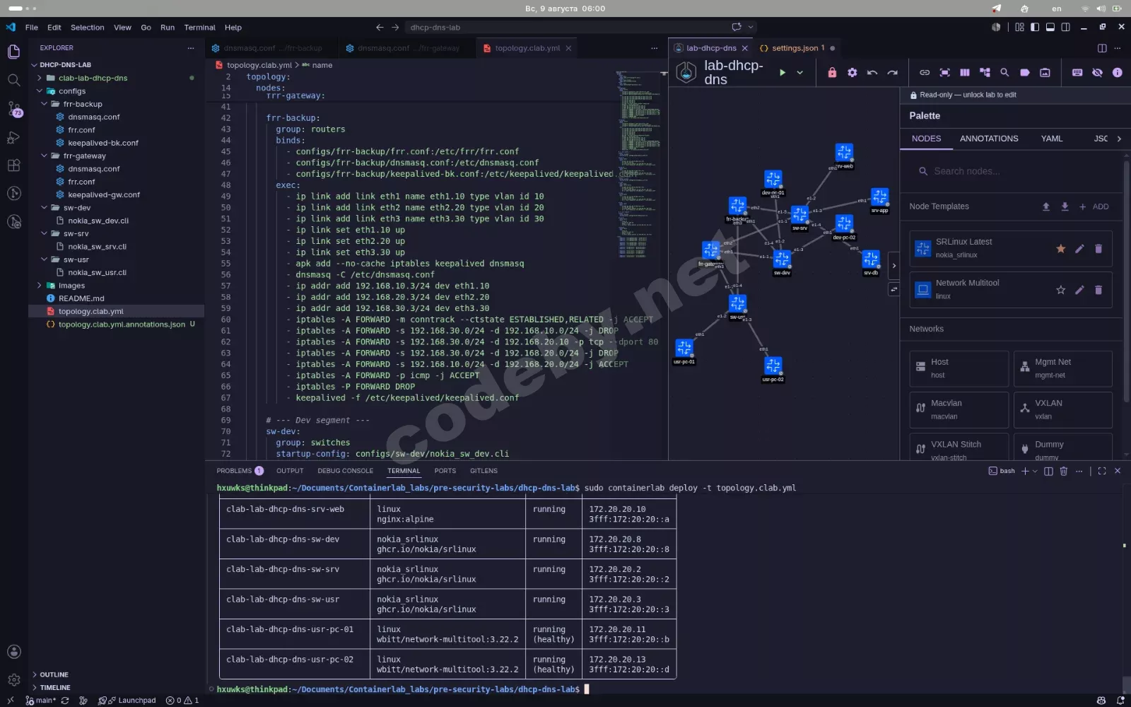 Многосегментная корпоративная сеть на Containerlab с FRRouting, VLAN и VRRP