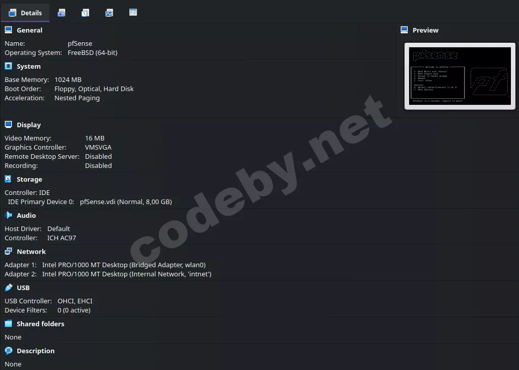 Конфигурация pfSense в VirtualBox