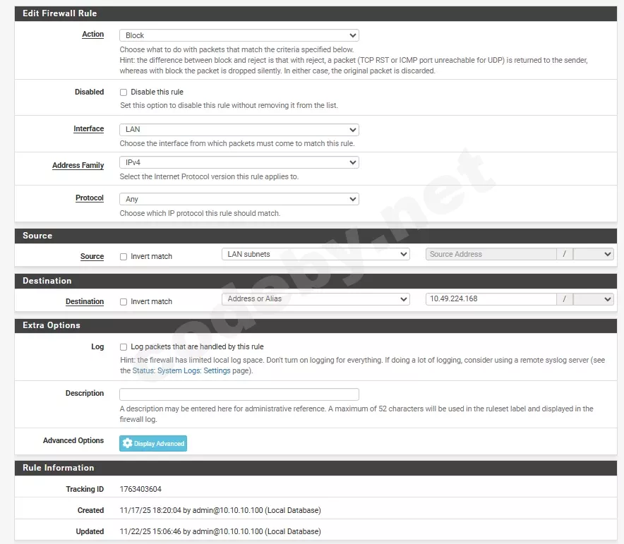 Правило для NAT сети, здесь 10.49.224.168 — айпи адрес хоста