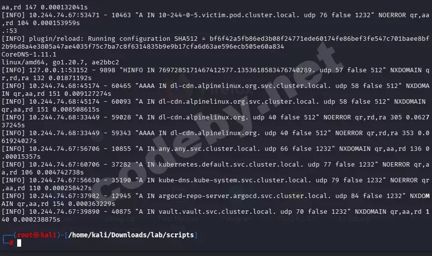 Логи CoreDNS: видны DNS-запросы discovery — kubernetes.default, kube-dns, argocd, vault
